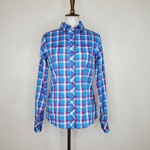 Columbia Woman's Blue Purple Collared Button Up Plaid Insect Blocker Top Size S